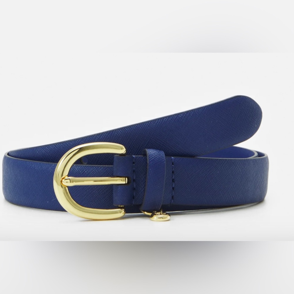 LAUREN RALPH LAUREN NAVY BLUE charm cow genuine leather women's skinny belt